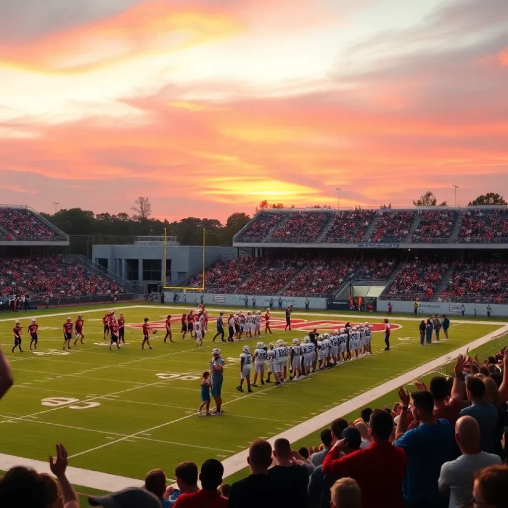 Football fans cheering at a high school doubleheader in a stadium