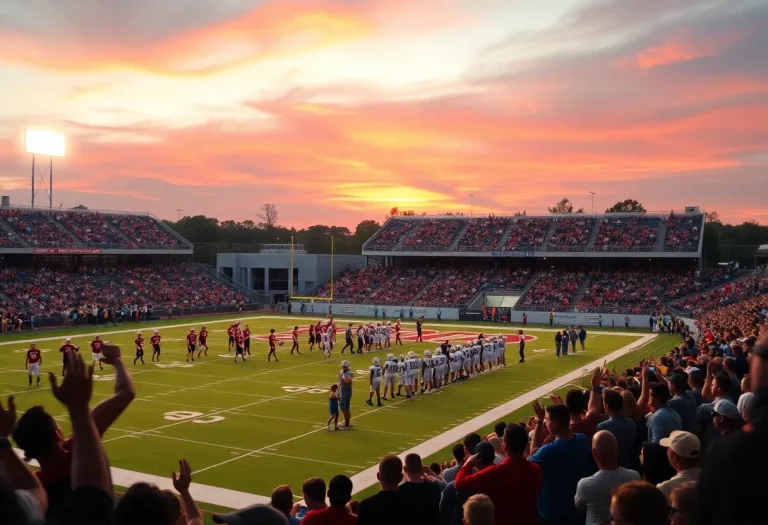 Football fans cheering at a high school doubleheader in a stadium