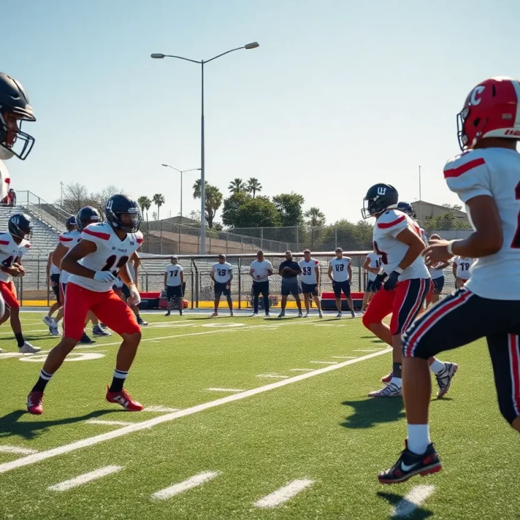 Players practicing on a high school football field