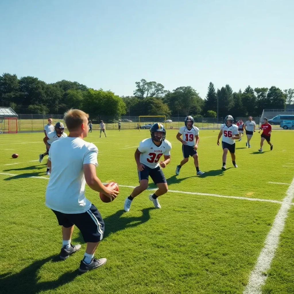 High school football players practicing on the field