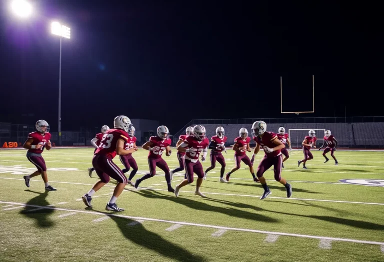 High school football players practicing on the field.