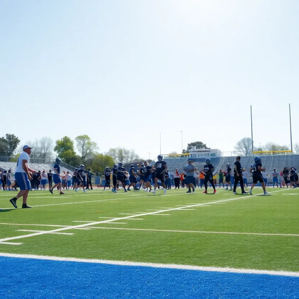 High school football players practicing on the field.