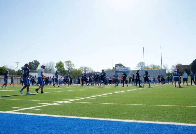 High school football players practicing on the field.