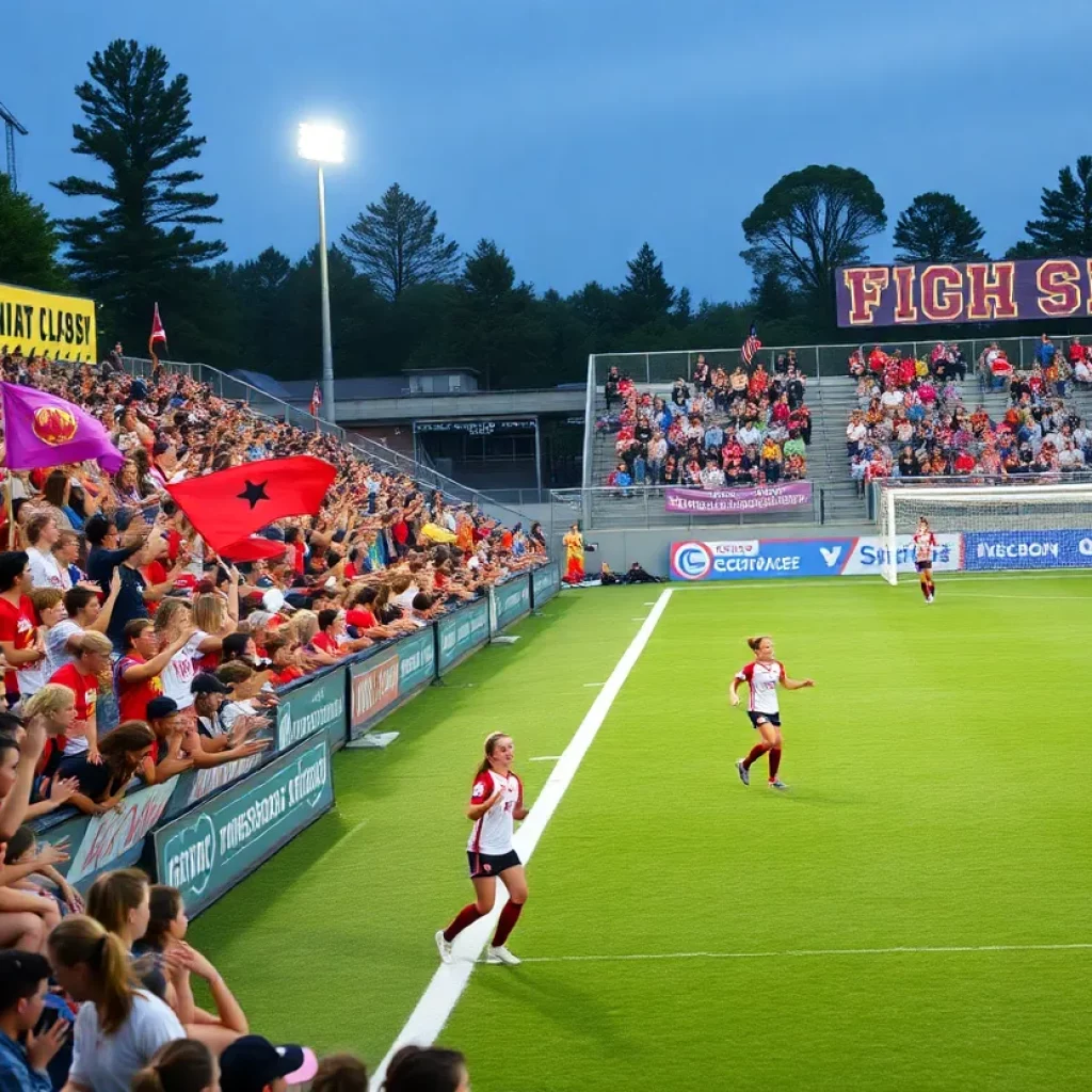 High school girls soccer players competing on a field.