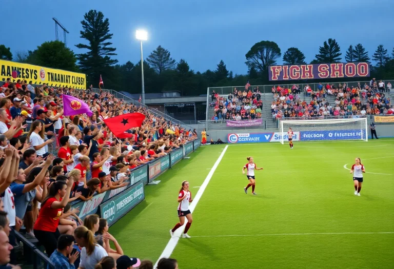 High school girls soccer players competing on a field.