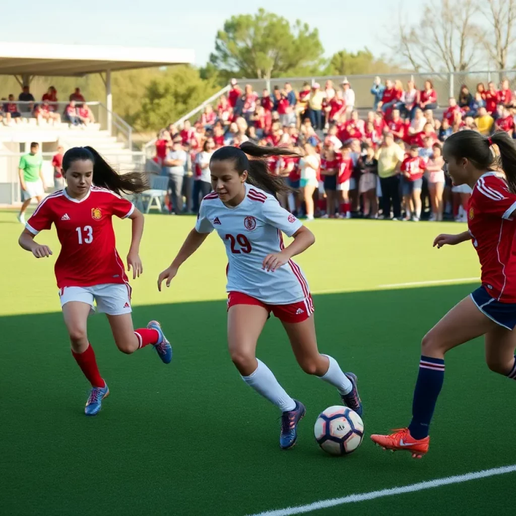 Young female soccer players in action during a match