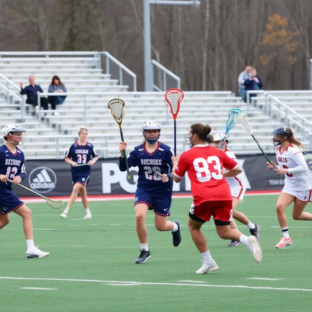 Teams playing lacrosse in a high school finals match at Fred Kelly Stadium