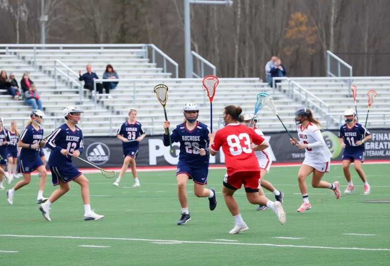 Teams playing lacrosse in a high school finals match at Fred Kelly Stadium