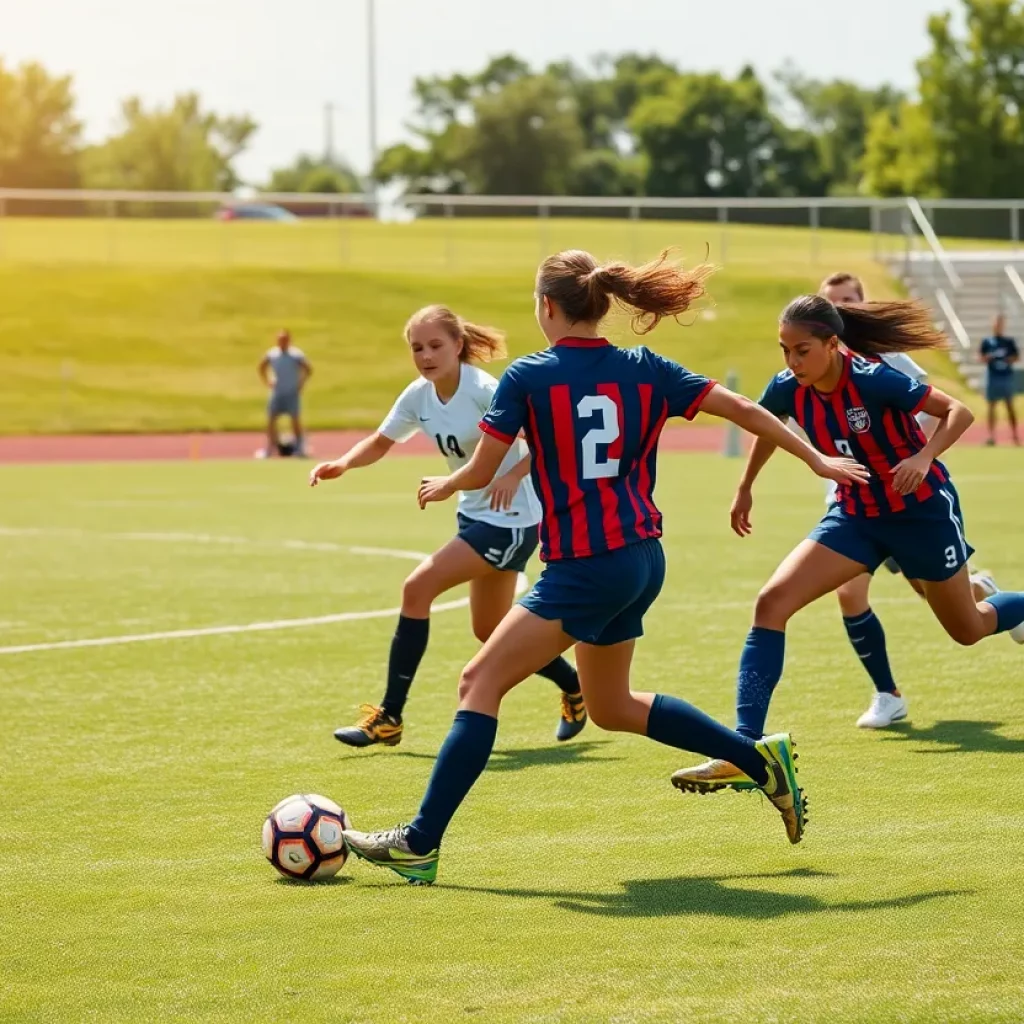 High school soccer players competing on the field in Wyoming.