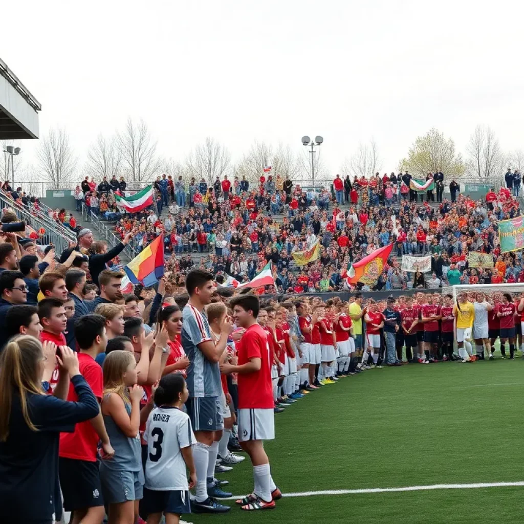 High school soccer teams and fans celebrating together