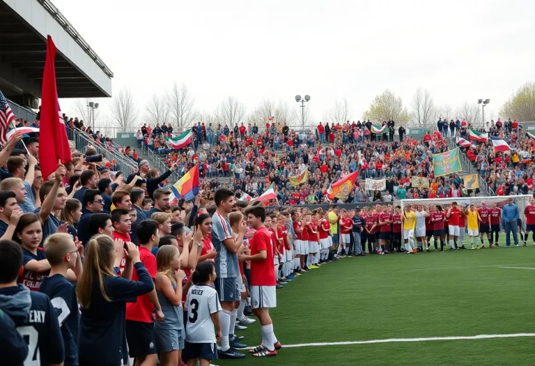 High school soccer teams and fans celebrating together