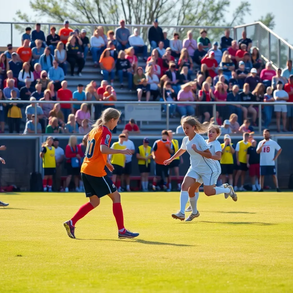 Players competing in a high school soccer game