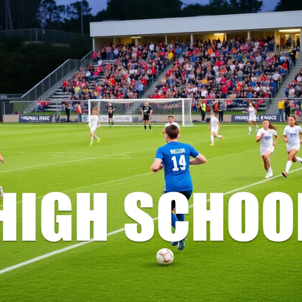 High school soccer players competing on the field
