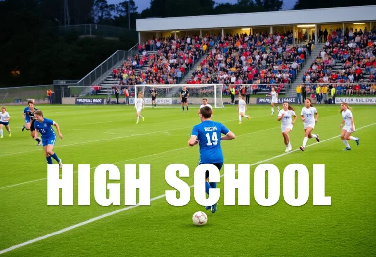 High school soccer players competing on the field