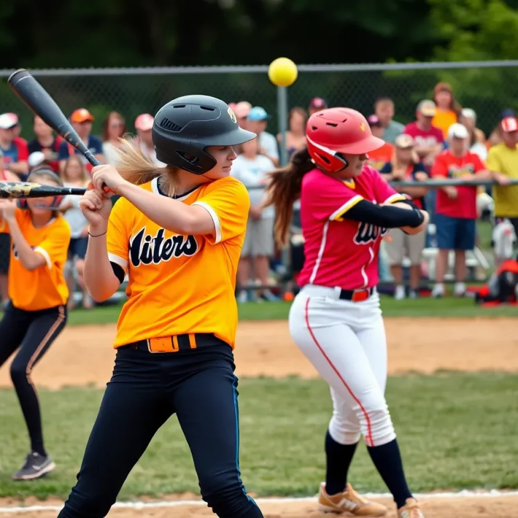 A group of young athletes in action during a high school softball game.
