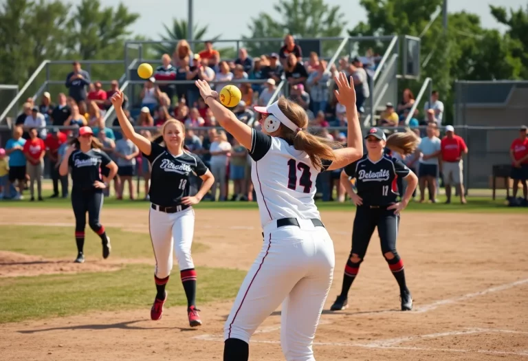 High school softball players competing on the field