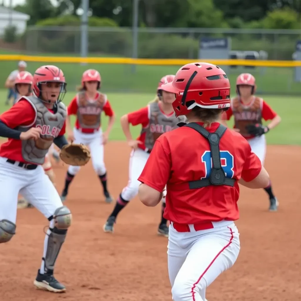 Catchers playing high school softball on the diamond