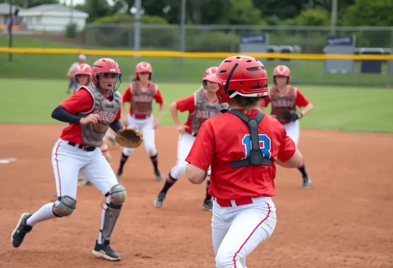 Catchers playing high school softball on the diamond