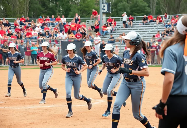 High school softball players competing in the Elite Eight championship