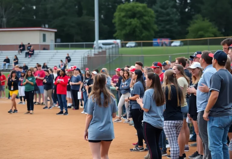 High school students and fans cheering during a softball game.