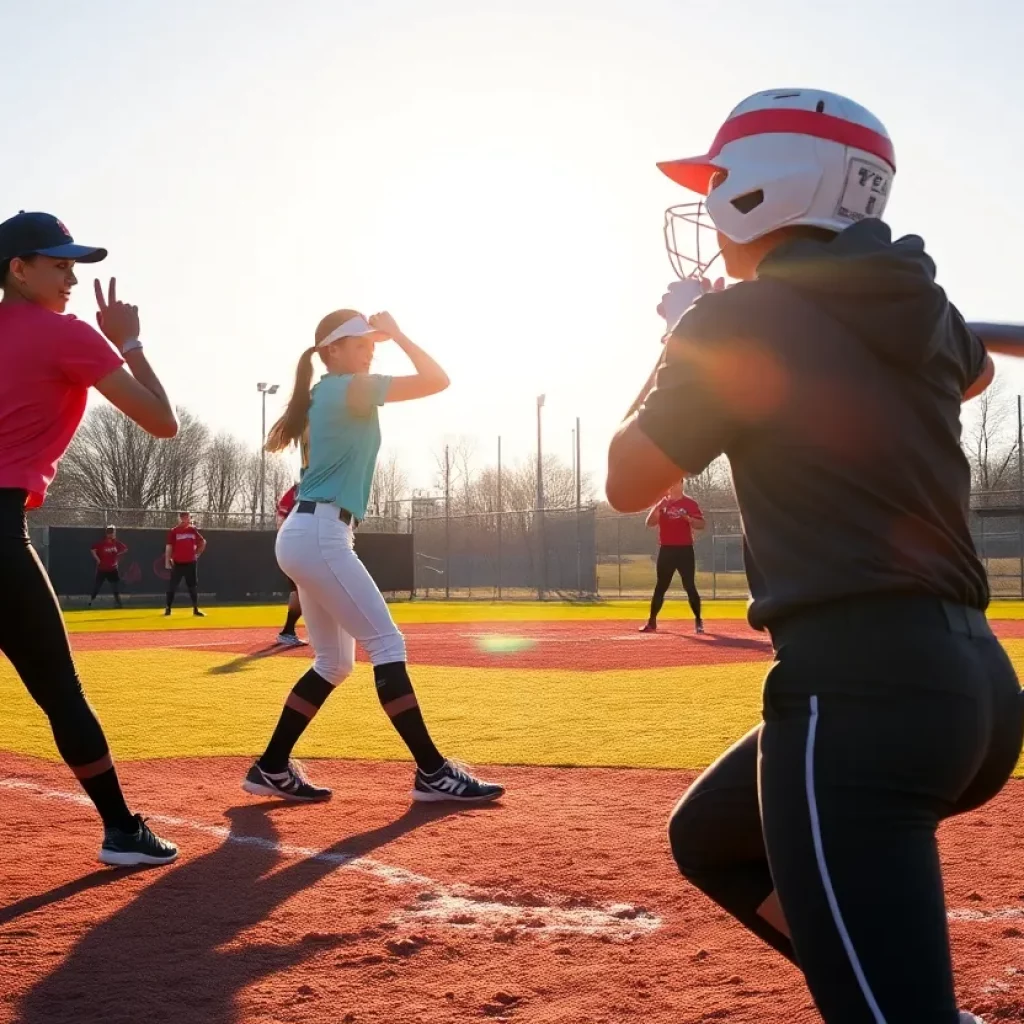 Players competing in a high school softball game in New Jersey