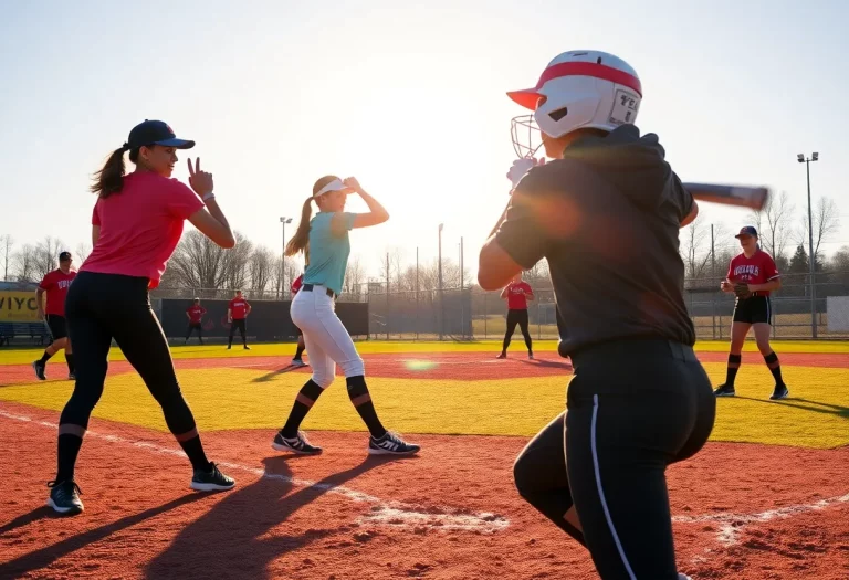 Players competing in a high school softball game in New Jersey