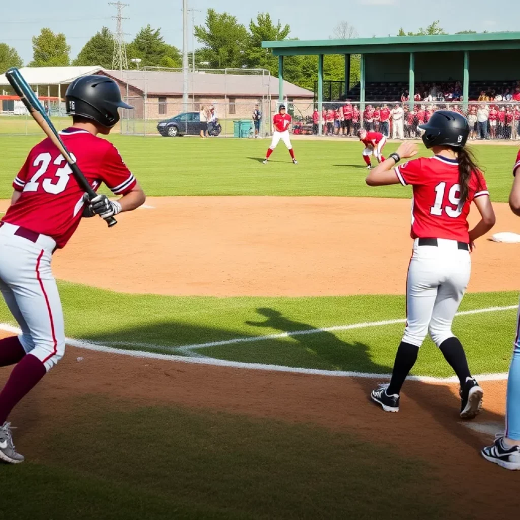 High school athletes engaged in baseball and softball games during a weekend sports event.
