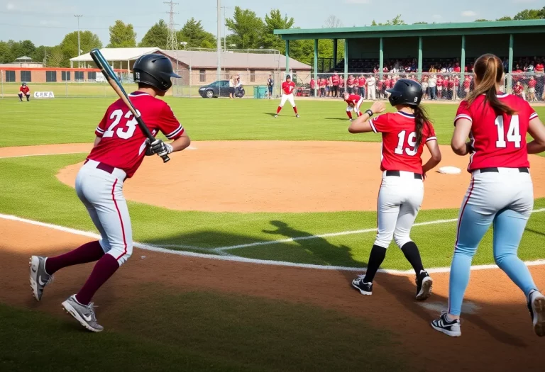 High school athletes engaged in baseball and softball games during a weekend sports event.