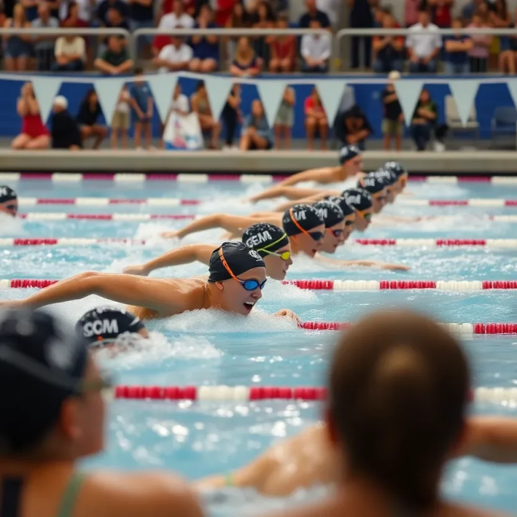 Swimmers competing in a high school swim meet