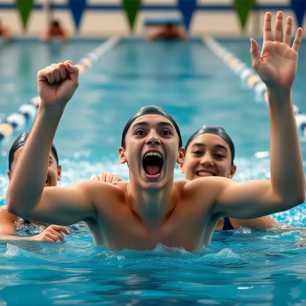 Athletes celebrating in a swimming pool after a competition.