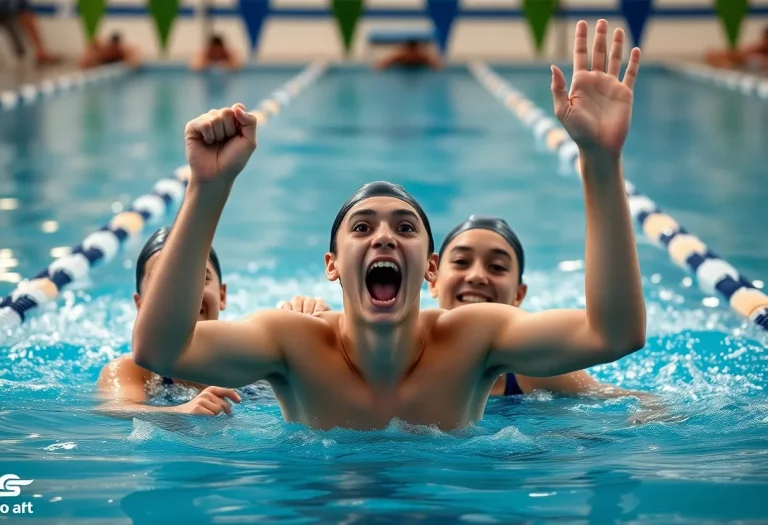 Athletes celebrating in a swimming pool after a competition.