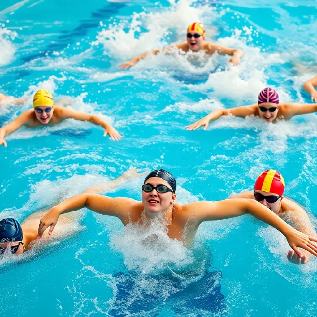 High school swimmers competing in a swimming pool.