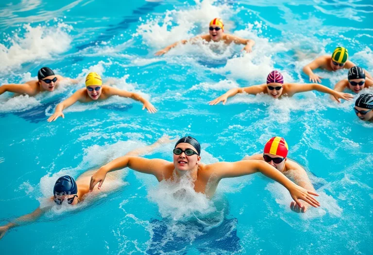 High school swimmers competing in a swimming pool.