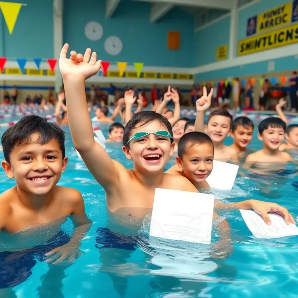 Celebration of high school swimmers at an awards ceremony.