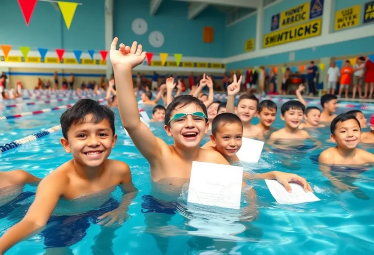 Celebration of high school swimmers at an awards ceremony.