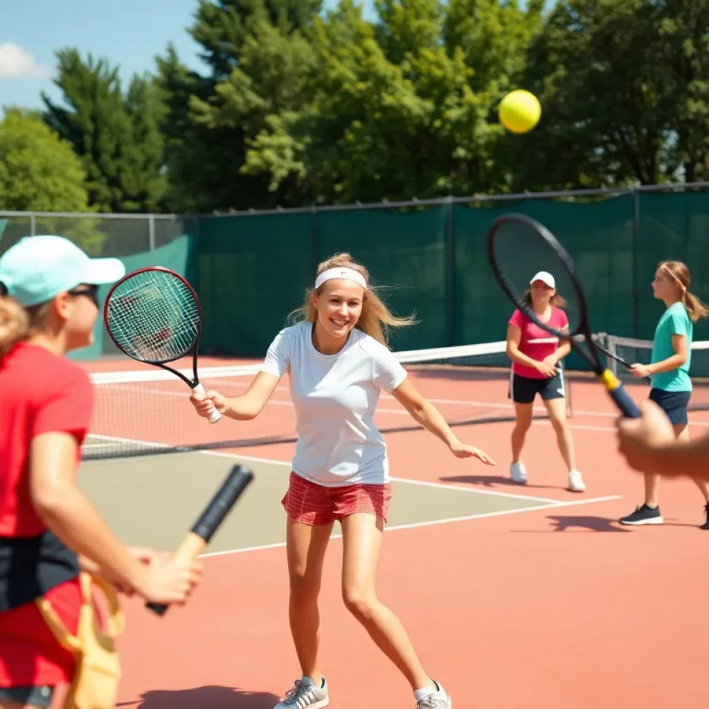 High school tennis players competing during a match.