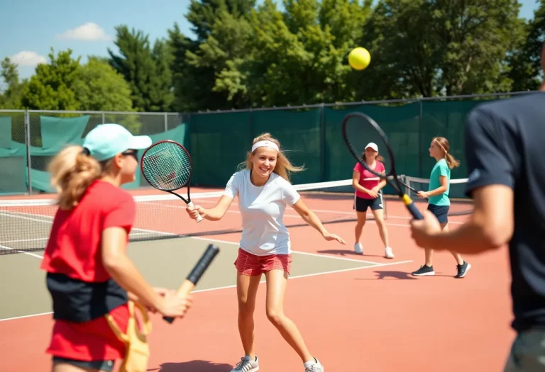 High school tennis players competing during a match.