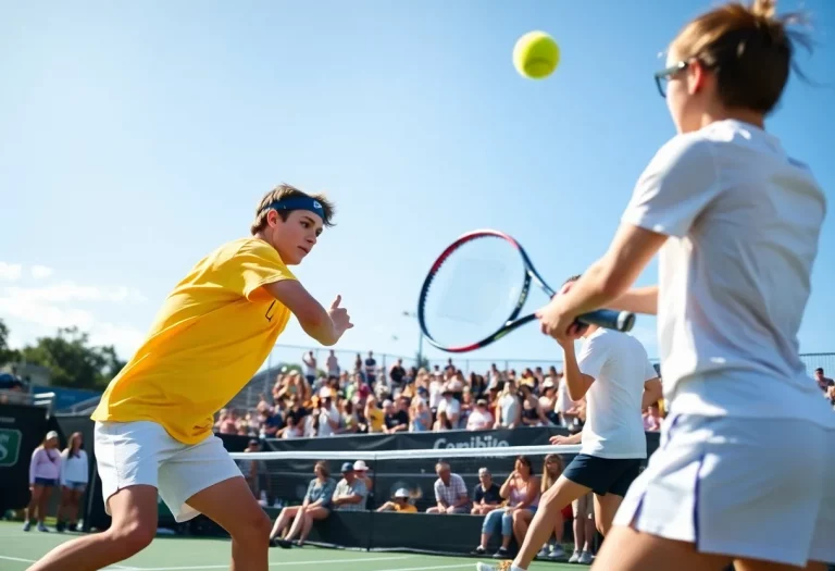 High school tennis tournament match with players in action