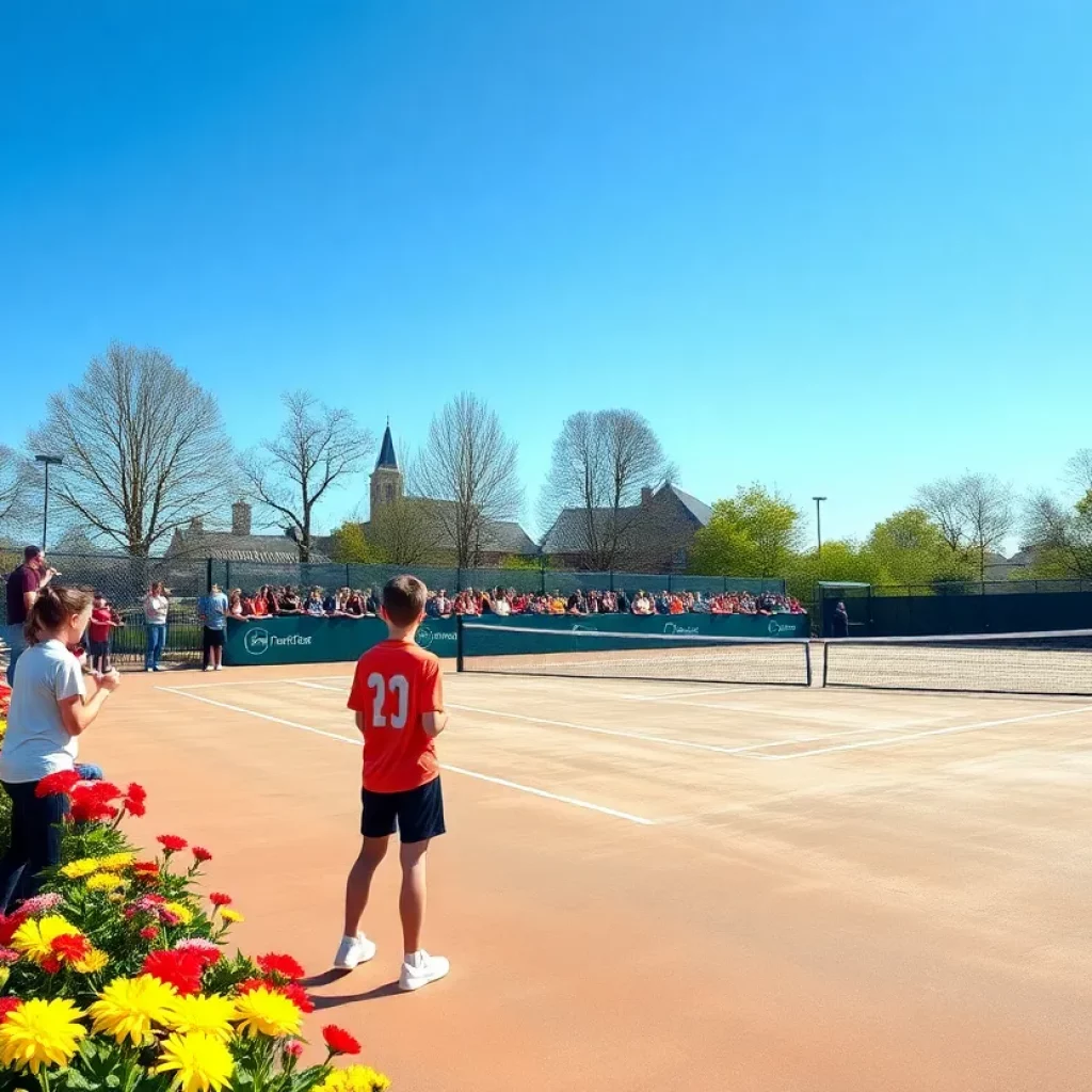 High school tennis players preparing for a tournament on a sunny day.