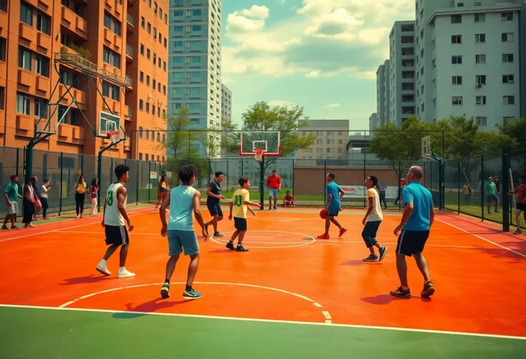 Highland Park basketball team practicing on the court.