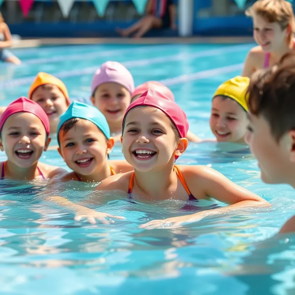 Children practicing swimming together in a sunny pool environment