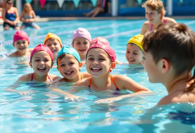 Children practicing swimming together in a sunny pool environment