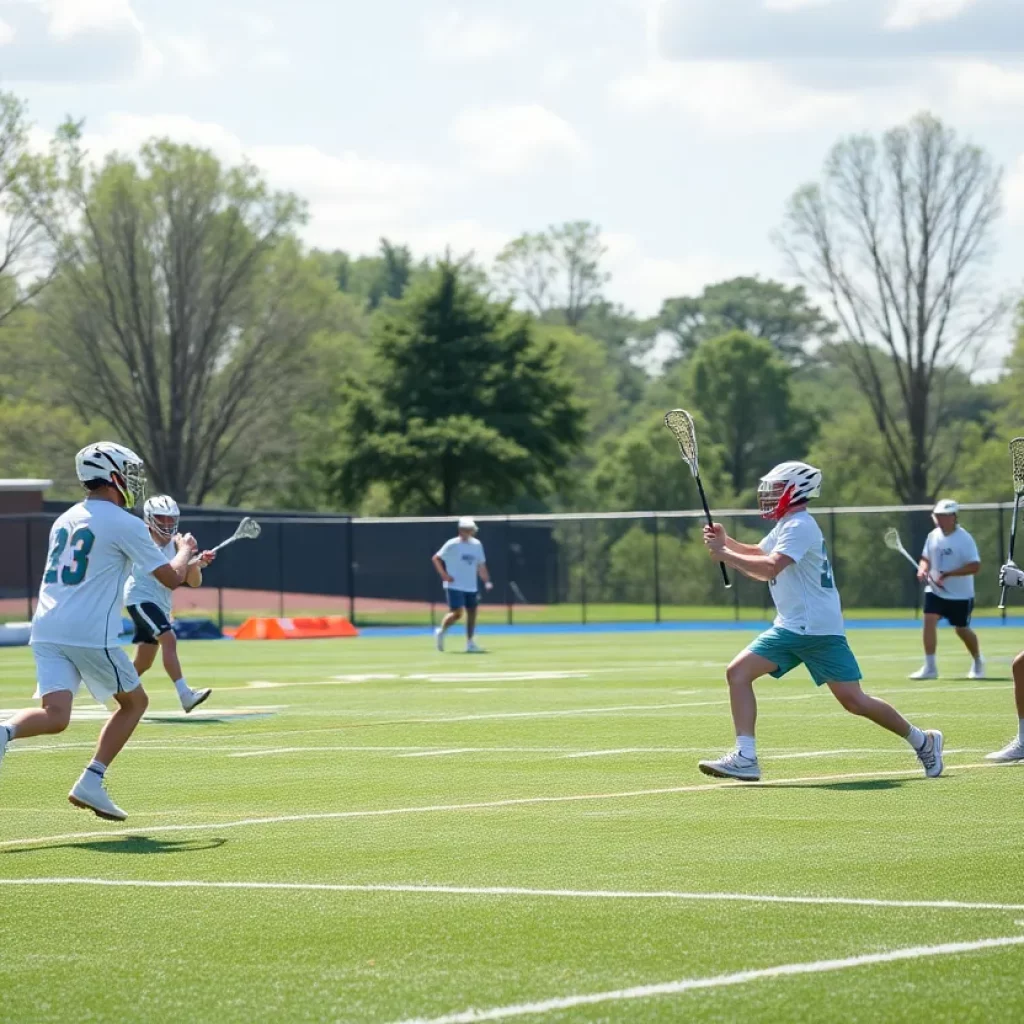 Boys lacrosse players in action on a sunny field