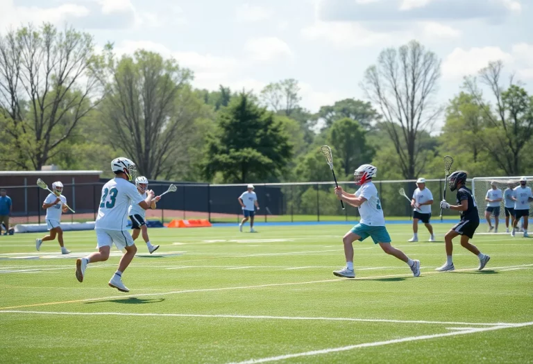Boys lacrosse players in action on a sunny field