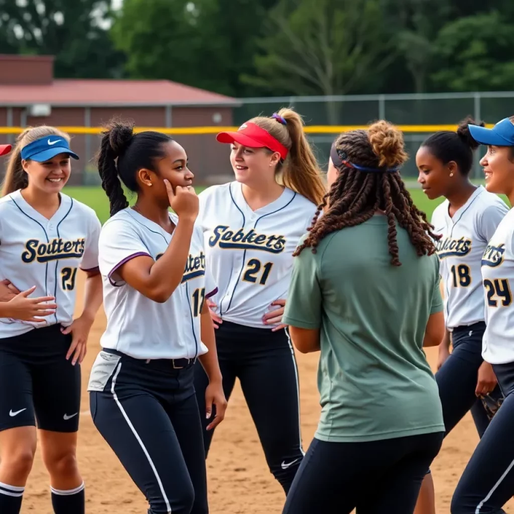 A diverse group of young athletes playing softball, representing inclusivity in sports.