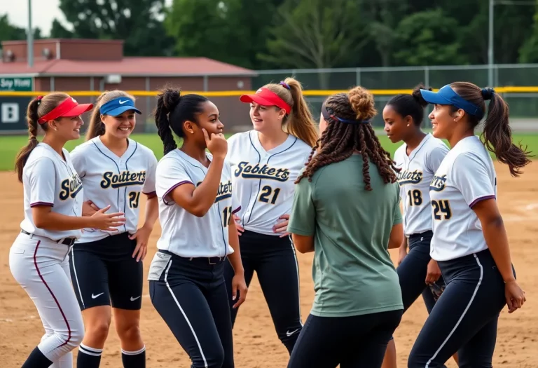 A diverse group of young athletes playing softball, representing inclusivity in sports.