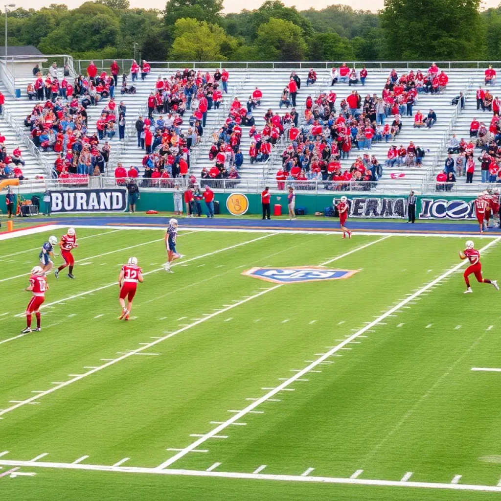 High school football players in action on the field with cheering fans
