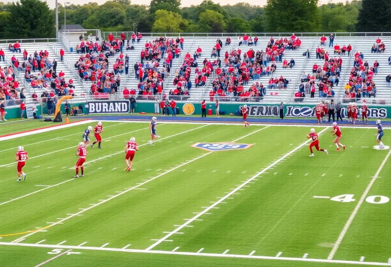 High school football players in action on the field with cheering fans