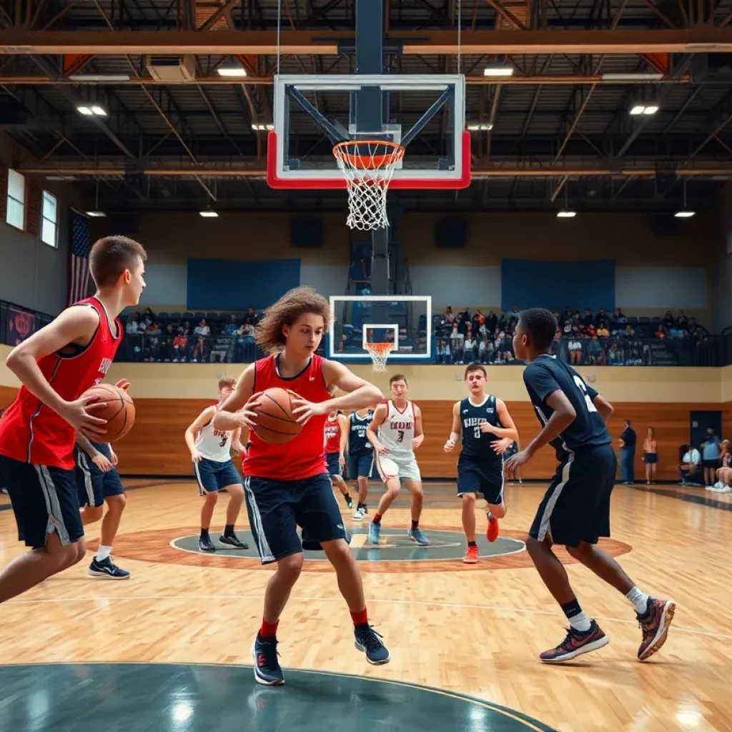 High school basketball players competing on the court