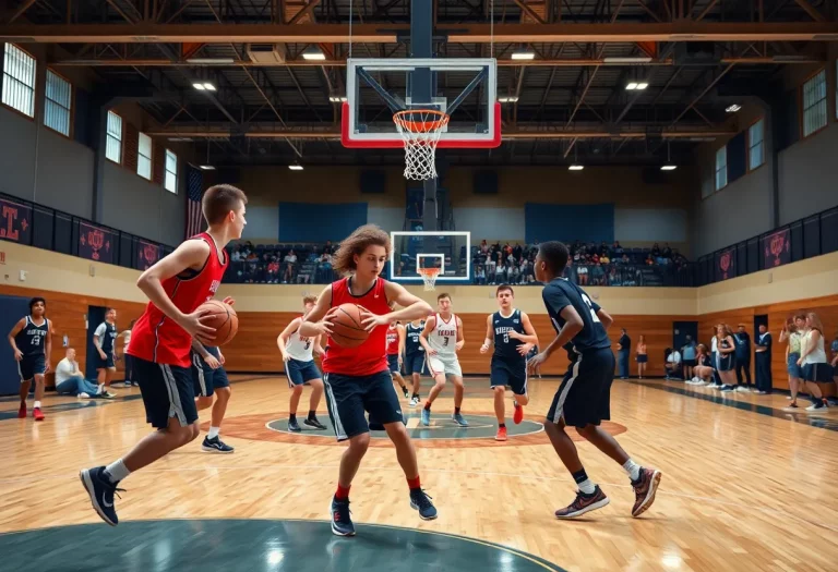 High school basketball players competing on the court
